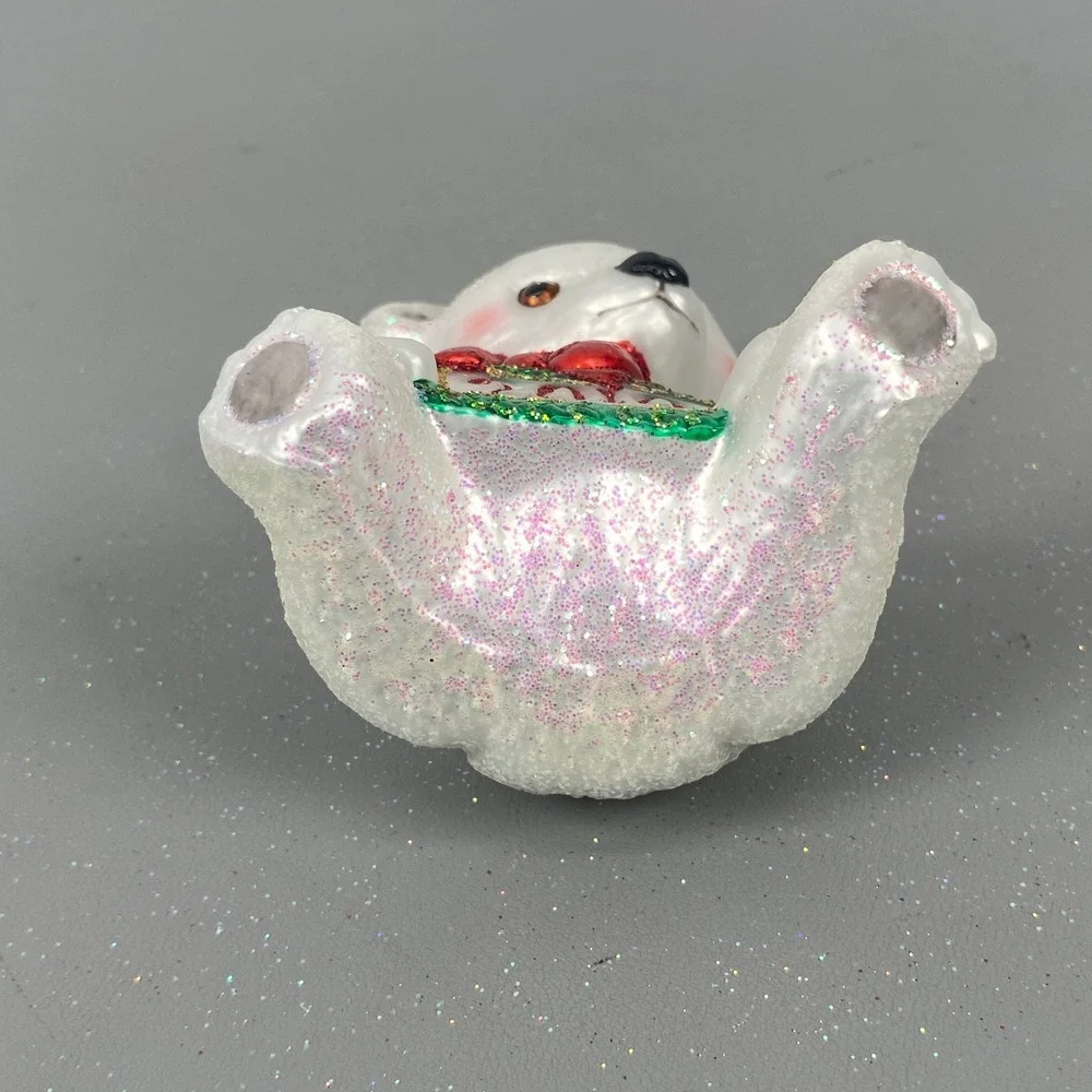 Old World Christmas 2010 Polar Bear Cub Glass Holiday Ornament White Glitter